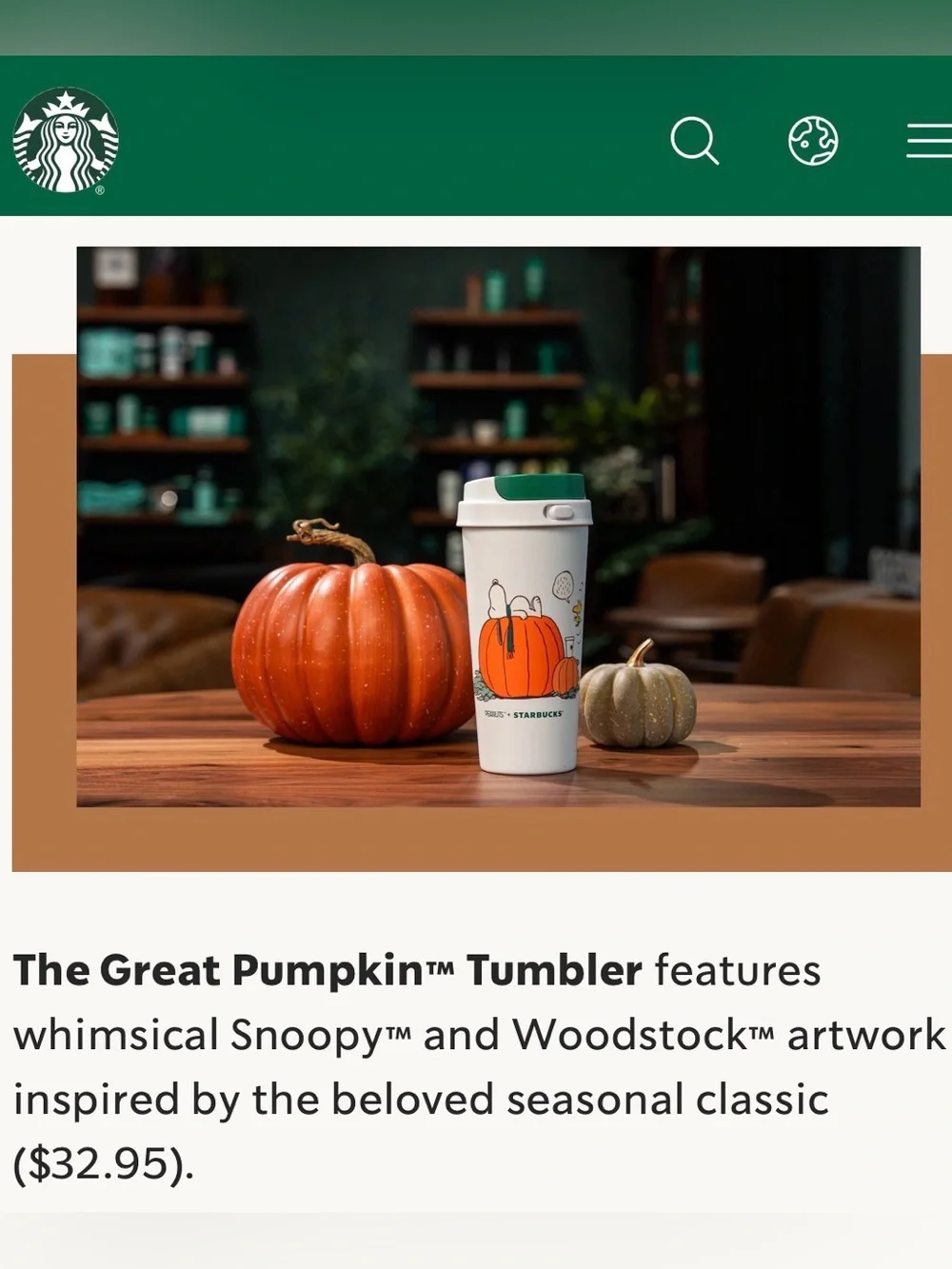 *Limited Release* 2026 Starbucks x Peanuts Collab The Great Pumpkin™ Tumbler